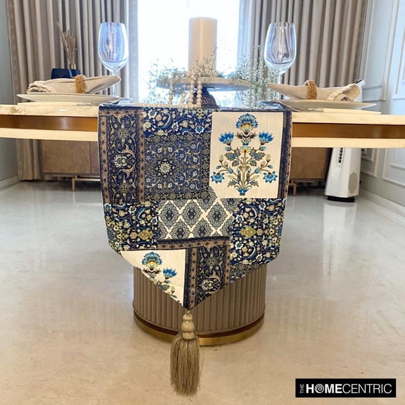 The HomeCentric Decorative Blue Table Runner 6 - 8 Seater Table Runner (14 x 90 inch) Persian, Floral, Tassels & Satin Table Runner, Satin fabric Table Linen, Persian Contemporary - Niloufar Blue
