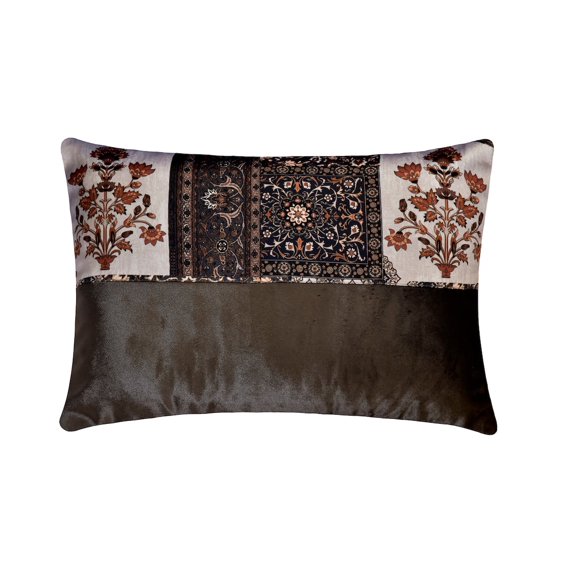 The HomeCentric Decorative Brown 12"x24" (30x60 cm) Lumbar Pillow Cover, Velvet Patchwork, Pathwork Oblong Pillow, Floral Pattern Contemporary Style - Fariba