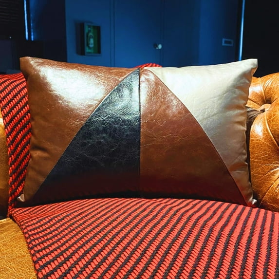 The HomeCentric Decorative Brown Pack of 2, 12"x20" (30x50 cm) Lumbar Pillow Cover, Faux Leather Lounge, Black, Brown & Champagne Oblong Pillow, Patchwork Modern Halloween Decorations - The Plough