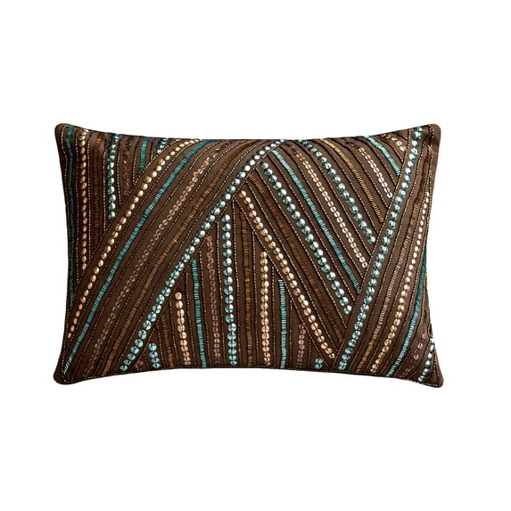 The HomeCentric Decorative Brown Pack of 2,12"x22" (30x55 cm) Lumbar Pillow Cover, Linen Beaded & Sequins Oblong Pillow, Geometric Pattern Modern Style - Marilee