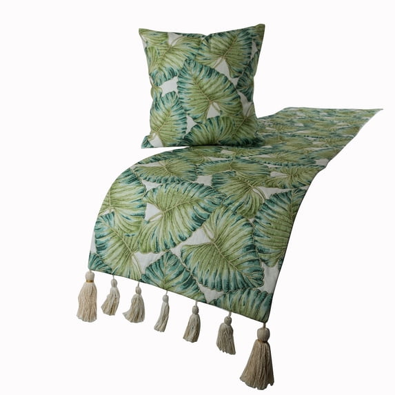 The HomeCentric Decorative Designer Handmade Bed Runner With 2 Decorative Throw Pillow Cover, 68 x 18 Inch Designer Full Size Bed Scarf in Printed Linen & Embroidery Bed Linen - Tropical Feeling