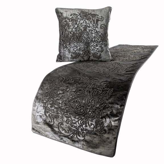 The HomeCentric Decorative Designer Handmade Bed Runner With 2 Decorative Throw Pillow Cover, 90 x 18 Inch Damask Designer King Size Bed Scarf in Foil Velvet and Embroidery Bed Linen - Foil Damask