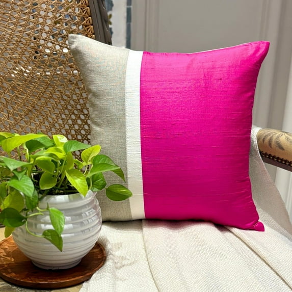 The HomeCentric Decorative Fuchsia 12"x12" (30x30 cm) Throw Pillow Covers, Silk & Linen Patchwork & Colorblock Throw Pillows For Sofa, Solid Color Pattern Modern Style - Fuchsia Silkastic