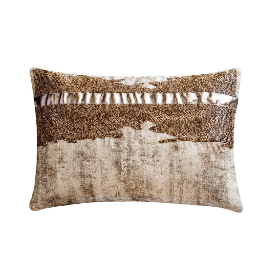The HomeCentric Decorative Gold Pack of 2,12"x22" (30x55 cm) Lumbar Pillow Cover, Linen Foil Faux Leather & Beaded Oblong Pillow, Abstract Pattern Modern Style - Halycon Gold