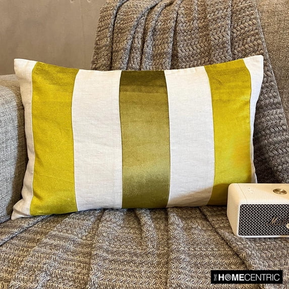 The HomeCentric Decorative Green Pack of 2, 12"x16" (30x40 cm) Lumbar Pillow Cover, Velvet & Linen Patchwork Oblong Pillow, Striped Pattern Modern Style - Swathe Chartreuse