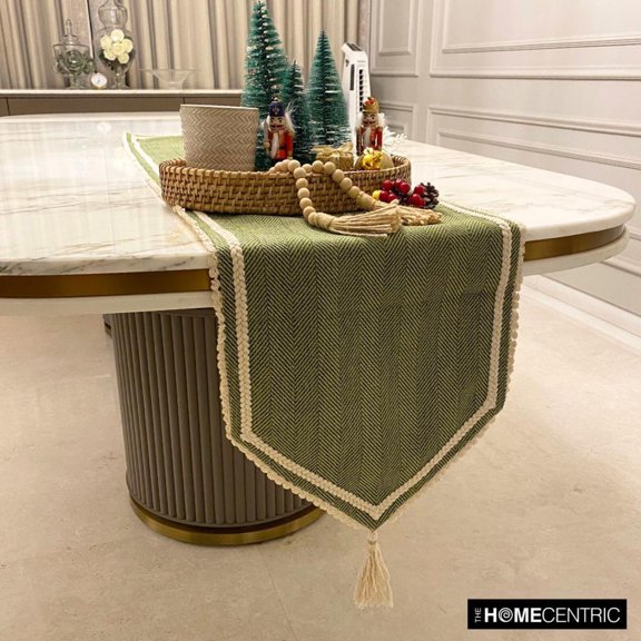 The HomeCentric Decorative Green Table Runner 4 - 6 Seater Table Runner (14 x 64 inch) Chevron Weave, Lace & Tassels Table Runner, Jute fabric Table Linen, Chevron Contemporary - Harmony In Hemp