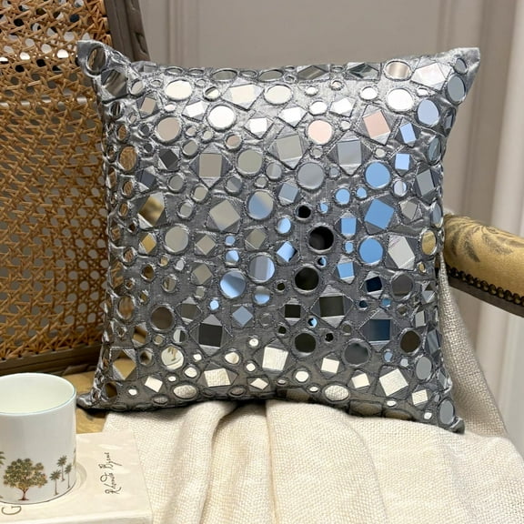 The HomeCentric Decorative Grey 16"x16" (40x40 cm) Throw Pillows, Silk Mirror Embroidery Throw Pillows For Couch, Geometric Pattern Modern Style - Darpan Grey