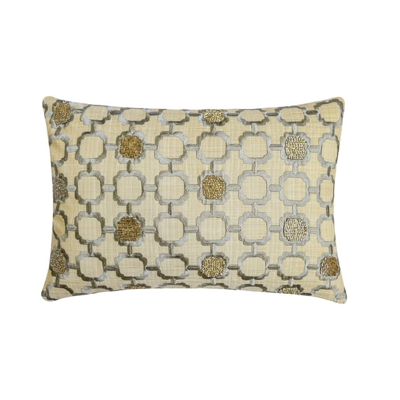 The HomeCentric Decorative Grey & Beige 12"x14" (30x35 cm) Lumbar Pillow Cover, Linen Beaded/ Embroidery, Lattice Pattern, Geometric Oblong Pillow, Geometric Pattern Modern Style - Angular Harmony