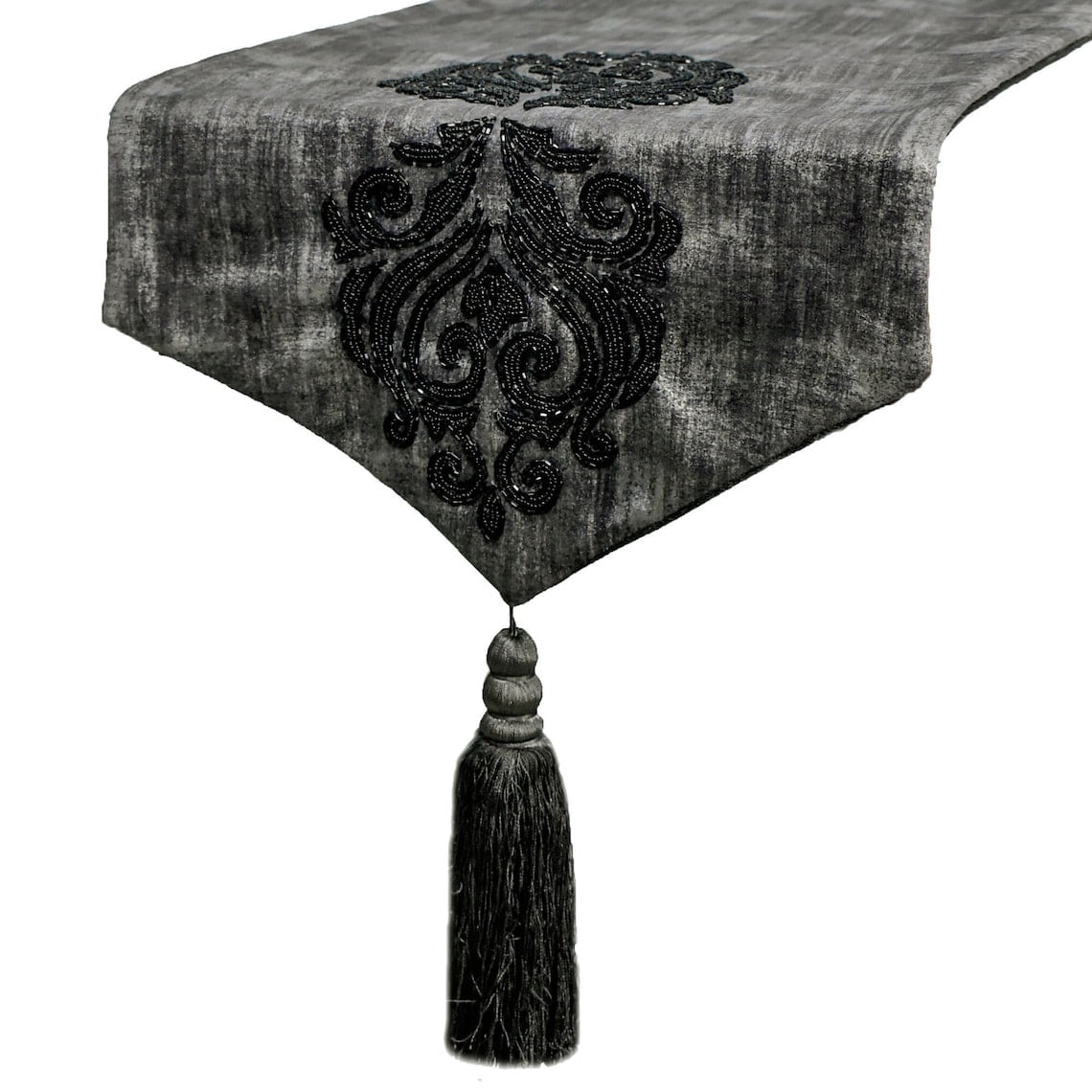 The HomeCentric Decorative Grey Table Runner 8 Seater Table Runner (16 x 108 inch) Grudge, Foil, Beaded, Damask & Tassels Table Runner, Suede fabric Table Linen, Damask Modern - Ayaat