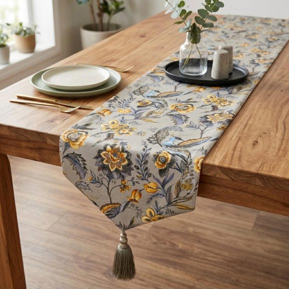 The HomeCentric Decorative Grey Table Runner Coffee Table Runner (14 x 36 inch) Floral, Peacock &Tassles Table Runner, Satin fabric Table Linen, Floral Contemporary - Merlin