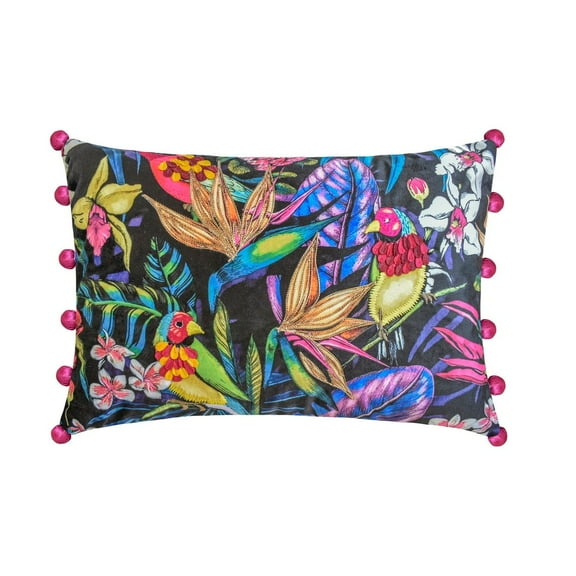 The HomeCentric Decorative Lumbar Pillow Cover Black, Fuchsia & Green, 12"x18" (30x45 cm) Velvet Floral, Bird, Parrot, Embroidered Oblong Pillow Cover For Sofa, Couch, Floral Modern - Parrot Parade