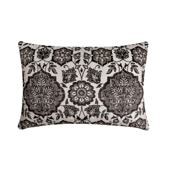 The HomeCentric Decorative Lumbar Pillow Cover Grey, 12"x16" (30x40 cm) Velvet Printed, Moroccan, Persian Oblong Pillow Cover For Sofa, Couch, Bed, Patio And outdoor, Floral Contemporary - Leila