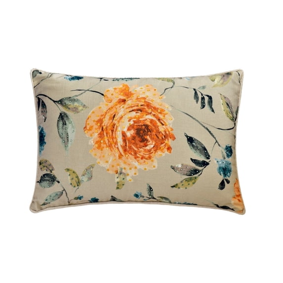 The HomeCentric Decorative Lumbar Pillow Cover Orange Pack Of 2, 12"x18" (30x45 cm) Cotton Rose, Sequins, Hand Embrodiery, Printed Pillow Covers For Sofa, Couch, Bed & outdoor, Floral - Citrus Rose