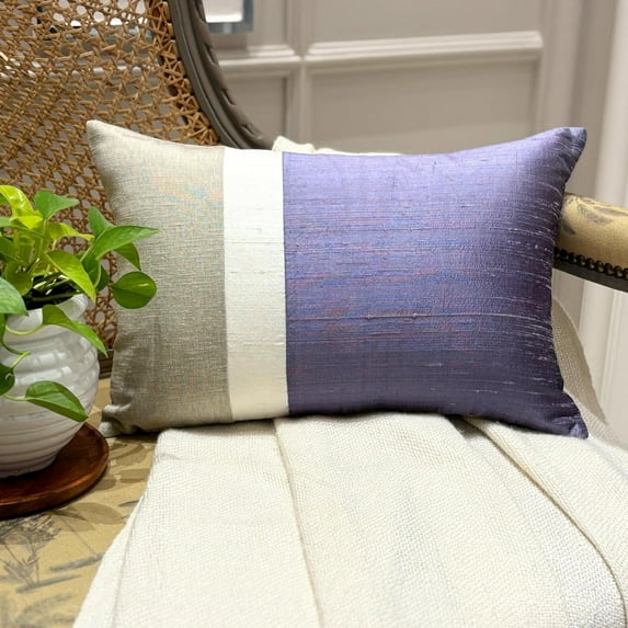 The HomeCentric Decorative Lumbar Pillow Cover Purple 12"x18" (30x45 cm) Silk Color Block, Patchwork, Silk Pillow Cover For Sofa, Couch, Bed, Patio And outdoor, Patchwork Modern - Purple Silk Essence