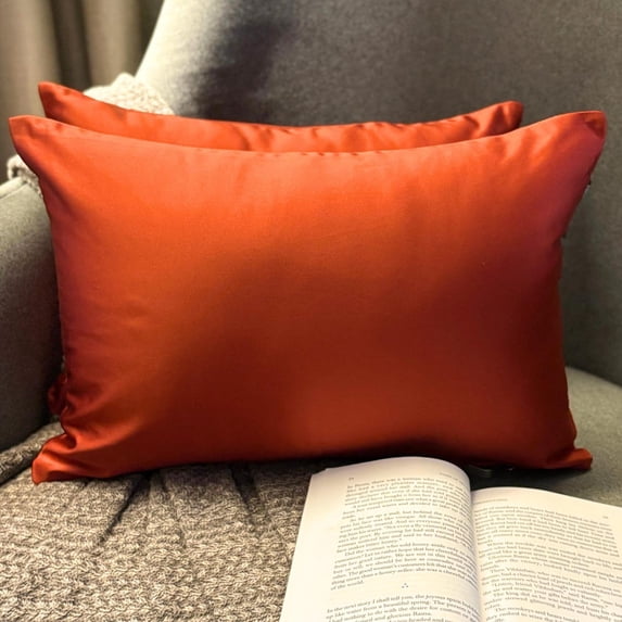 The HomeCentric Decorative Lumbar Pillow Cover Rust Pack Of 2, 12"x20" (30x50 cm) Satin Solid Oblong Pillow Cover, Solid Modern Cushion Cover Style - Rust Slub Satin