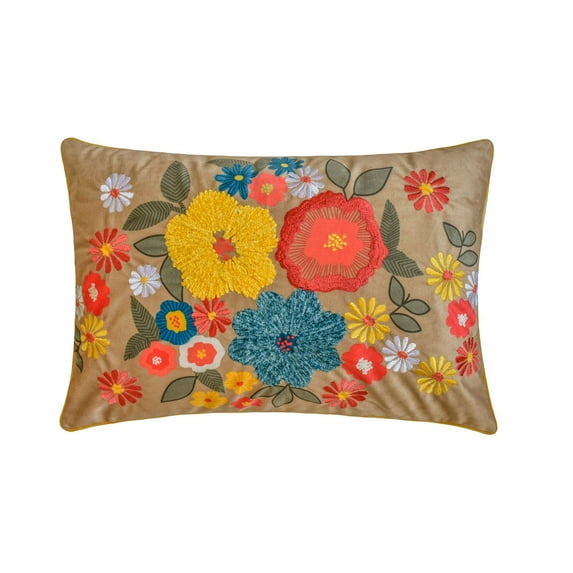 The HomeCentric Decorative Oblong Pillow Cover Beige, 12"x18" (30x45 cm) Velvet Floral, Embroidery Cushion Covers For Sofa, Couch, Bed And Patio, Floral Modern - Floral Fiesta