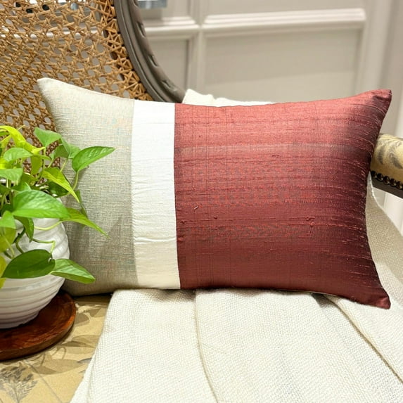 The HomeCentric Decorative Oblong Pillow Cover Rust 12"x24" (30x60 cm) Silk Color Block, Patchwork, Silk Pillow Cover For Sofa, Couch, Bed, Patio And outdoor, Patchwork Modern - Rust Silk Essence