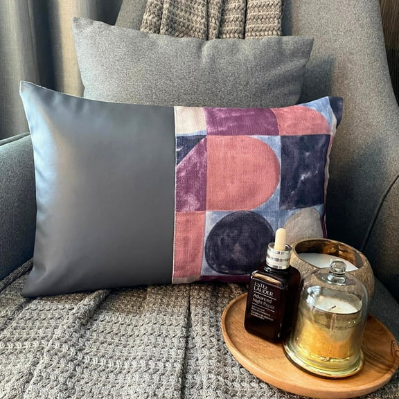 The HomeCentric Decorative Oblong Pillow Cover Violet & Grey 12"x16" (30x40 cm) Cotton & Faux Leather Painted Texture, Patchwork Cushion Covers For Sofa, Couch, Bed, Abstarct Modern - Joyful Jumble V