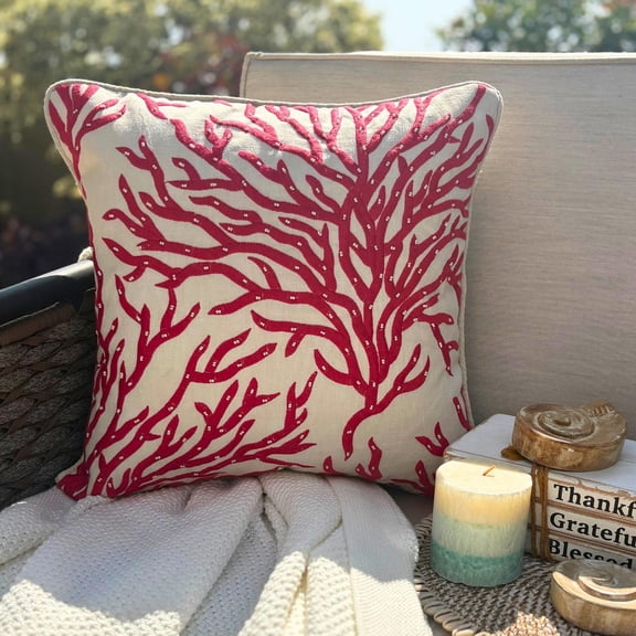 The HomeCentric Decorative Peach Pack of 2, 16"x16" (40x40 cm) Throw Pillows, Linen Coral Embroidery, Pearl, Beach & Sea Theme Throw Pillows For Couch, Floral Pattern Modern Style Easter - Coraline
