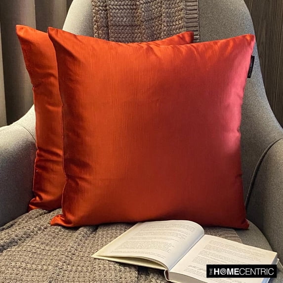 The HomeCentric Decorative Pillow Cases Rust Pack of 2, 22"x22" (55x55 cm) Satin Solid Throw Pillow Cover For Sofa, Solid Modern Style - Rust Slub Satin