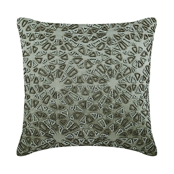 The HomeCentric Decorative Pillow Cover Accent Pillow Couch Sofa Bed 18x18 Silver Silk Pillow Cover Silver Grey Beaded Embroidered, Silver Pillow Cover Pack of 2, 18x18 inch (45x45 cm) - Cool Chrome