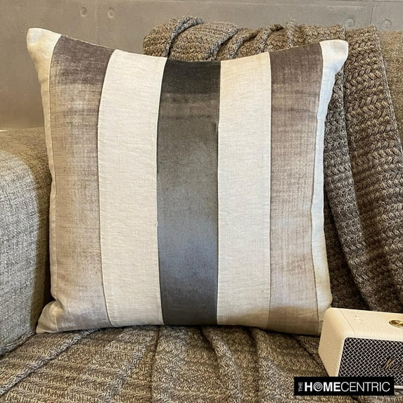 The HomeCentric Decorative Pillow Cover, Grey Pack of 2, 18"x18" (45x45 cm) Throw Pillows, Velvet Patchwork Throw Pillows For Couch, Striped Pattern Modern Style Easter - Velvet Band Grey