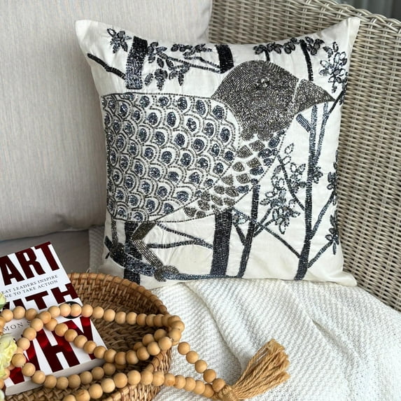 The HomeCentric Decorative Pillow Cover, Ivory Decorative Sofa Pillow Covers Pack of 2, 16x16 inch (40x40 cm), Art Silk Throw Pillows For Couch, Birds, Modern Throw Pillow Covers Easter - Birdy Heaven