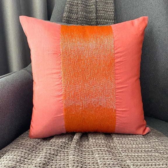 The HomeCentric Decorative Pillow Cover Orange Pillows Cover Beaded Centered Pillows Cover Pillow Covers Pack of 2 18x18 inch (45x45 cm) Square Silk Pillows Cover Solid Pillows Cover - Peachy Orange