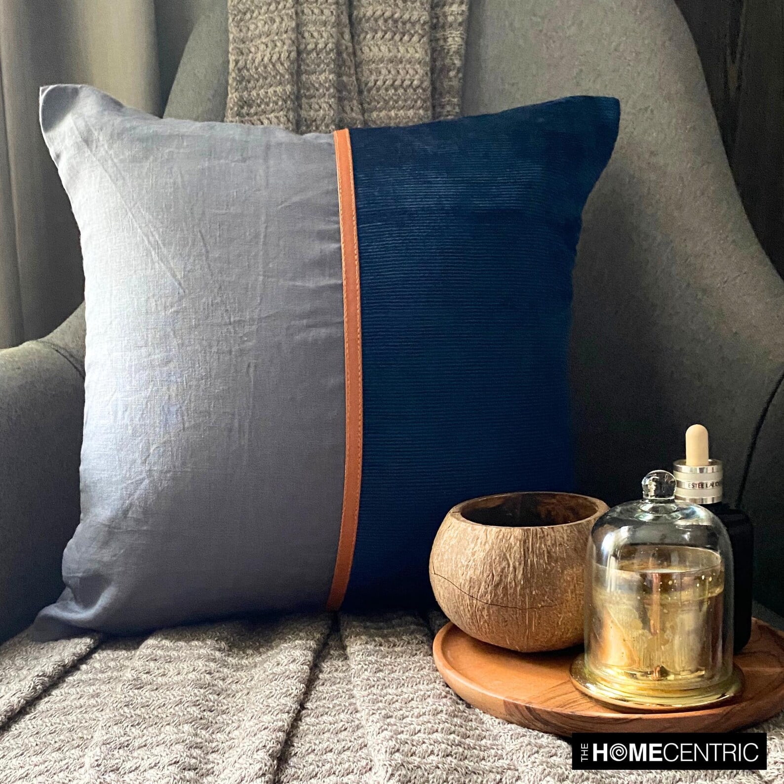 The HomeCentric Decorative Pillow Covers Blue Pack of 2, 20"x20" (50x50 cm) Corduroy & Linen Patchwork & Corduroy Cushion Covers For Sofa, Patchwork Modern Style - Cozy Cord Blue