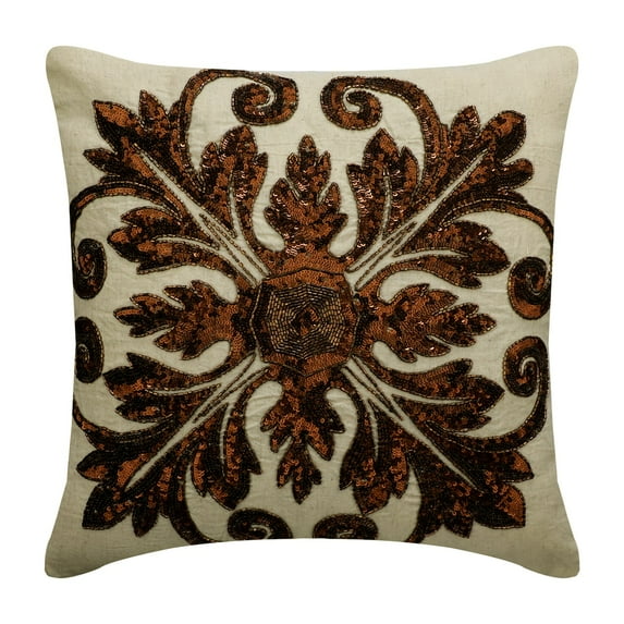 The HomeCentric Decorative Pillow Covers, Copper Pack of 2, 18"x18" (45x45 cm) Throw Pillows, Linen Sequins, Beaded & Art Nouveau Throw Pillows For Couch, Abstract Art Deco Style - Copper Alchemist