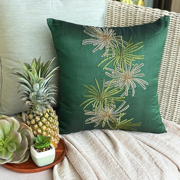 The HomeCentric Decorative Pillow Covers, Dark Green Throw Pillows Cover, Botanical Pillows Cover, Throw Pillow Covers Pack of 2, 14x14 inch (35x35 cm) Square Silk Pillowcase, Floral, - Green Foliage