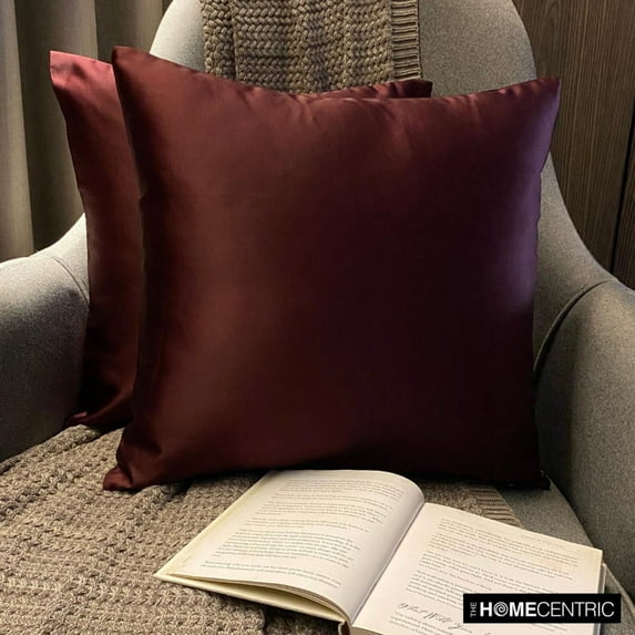 The HomeCentric Decorative Pillow Covers Wine & Purple Pack of 2, 22"x22" (55x55 cm) Satin Solid Cushion Covers For Sofa, Solid Modern Style - Wine Slub Satin