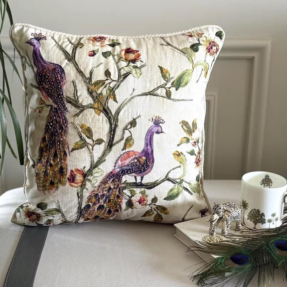 The HomeCentric Decorative Purple 16"x16" (40x40 cm) Pillow Covers, Cotton Bead & Peacock Throw Pillows For Sofa, Bird Pattern Contemporary Style - Mayush