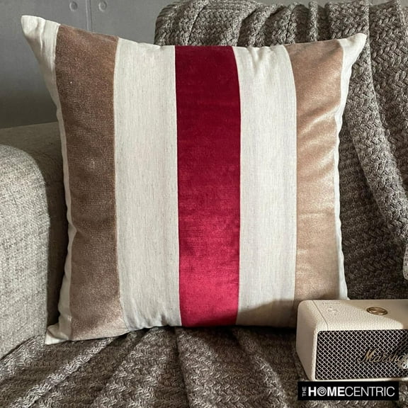 The HomeCentric Decorative Red Pack of 2, 18"x18" (45x45 cm) Throw Pillows, Velvet & Linen Patchwork Throw Pillows For Couch, Striped Pattern Modern Style Easter - Velvet Band Red