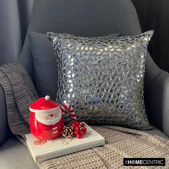 The HomeCentric Decorative Silver 22"x22" (55x55 cm) Pillow Covers, Silk Mosiac, Beaded, Handmade, Textured Sequins, Bling & Designer Throw Pillows For Sofa, Abstract Modern Style - Shimmering Silver