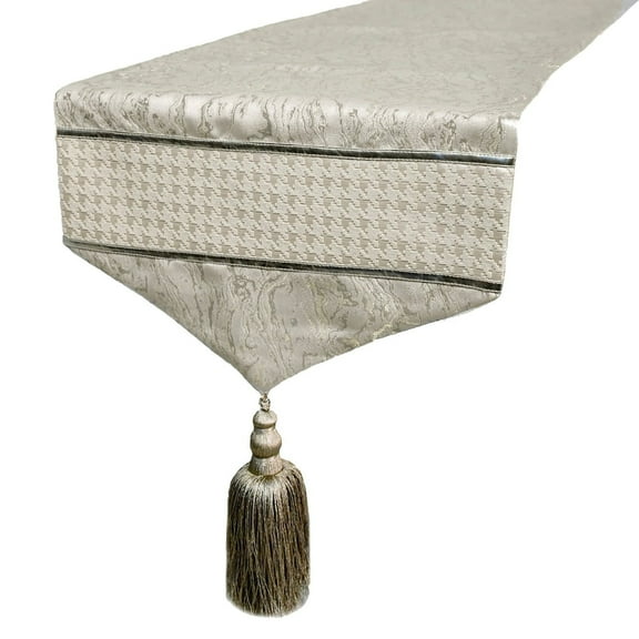 The HomeCentric Decorative Silver Table Runner Coffee Table Runner (14 x 36 inch) Faux Leather, Tassels & Textured Leather Table Runner, Faux Leather Table Linen, Patchwork Modern - Leather Luminance