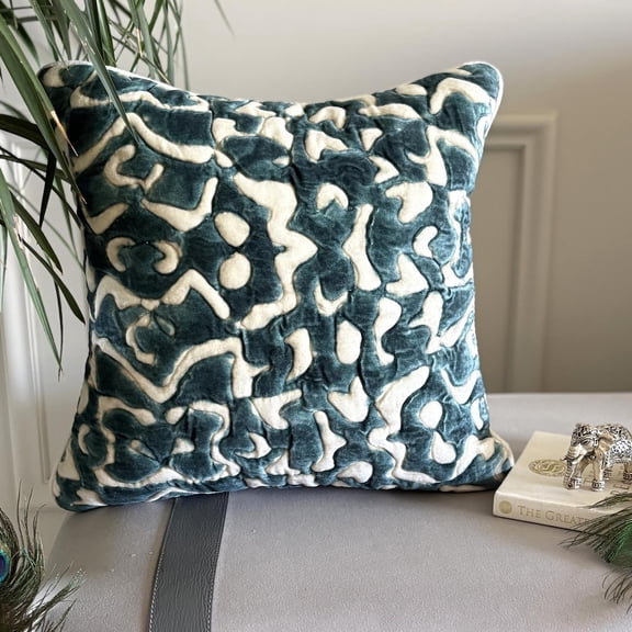 The HomeCentric Decorative Teal Blue 14"x14" (35x35 cm) Throw Pillows, Suede Abstract & Quilted Throw Pillows For Couch, Abstract Modern Style - Medhakara