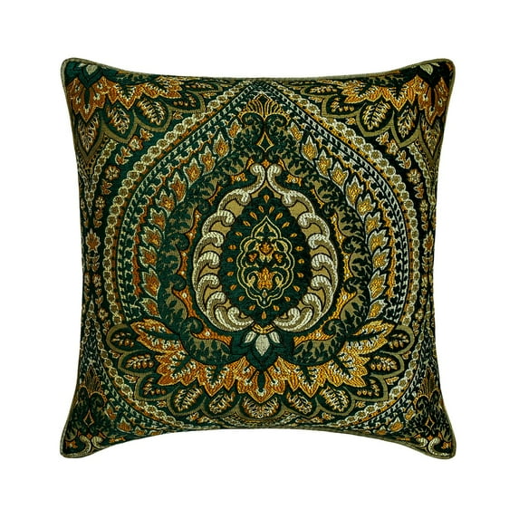 The HomeCentric Decorative Thow Pillow Covers Dark Green & Mustard 22"x22" (55x55 cm) Jacquard Damask, Woven & Tapestry Throw Cushion Covers For Couch, Damask Modern Style - Timeless Tapastries