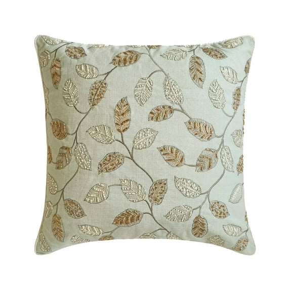 The HomeCentric Decorative Throw Pillow Cases Powder Blue 14"x14" (35x35 cm) Linen Beaded, Leaf, Embroidery & Handmade Cushion Covers For Sofa, Floral Contemporary Style - Leaf Whispers