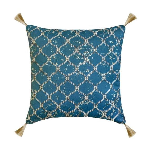 The HomeCentric Decorative Throw Pillow cover Blue 16"x16" (40x40 cm) Jacquard Foil, Embroidery, Jacquard, Geoemtric, Trellis, Tassels Pillow Case, Geometric Contemporary Style - Trellis Shimmer