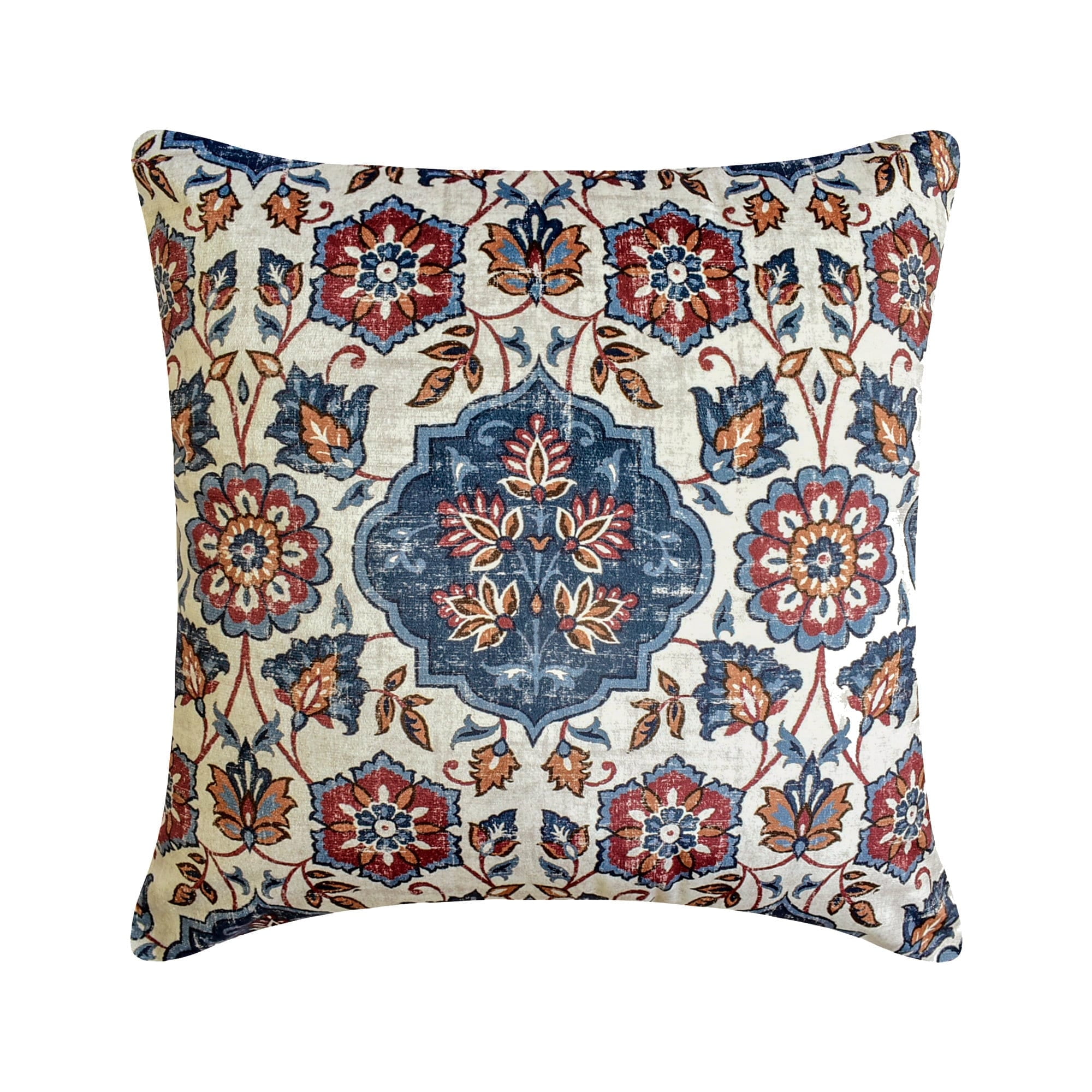 The HomeCentric Decorative Throw Pillow cover Blue & Rust 20"x20" (50x50 cm) Velvet Persian, Floral, Moroccan Pillow Case, Floral Contemporary Style - Zahara
