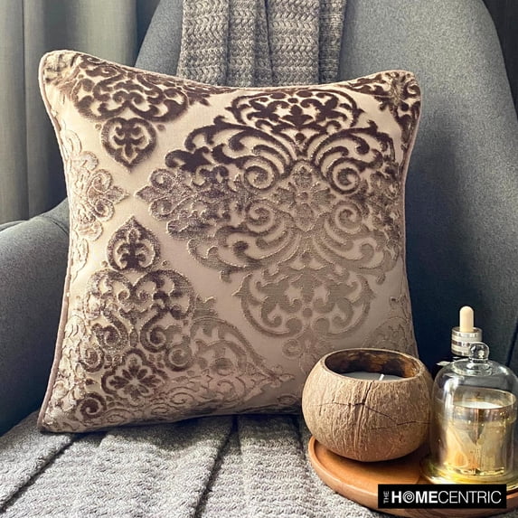 The HomeCentric Decorative Throw Pillow cover Brown 26"x26" (65x65 cm) Velvet Velvet, Damask Pillowcase For Sofa Chouch, Hotels, living, Bed Room, Damask - Damask Spell Brown