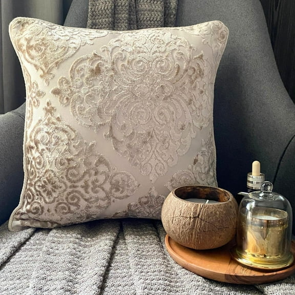The HomeCentric Decorative Throw Pillow cover Ivory 16"x16" (40x40 cm) Velvet Damask, Burnout Velvet Pillowcase For Sofa Chouch, Hotels, living, Bed Room, Damask - Damask Spell Ivory