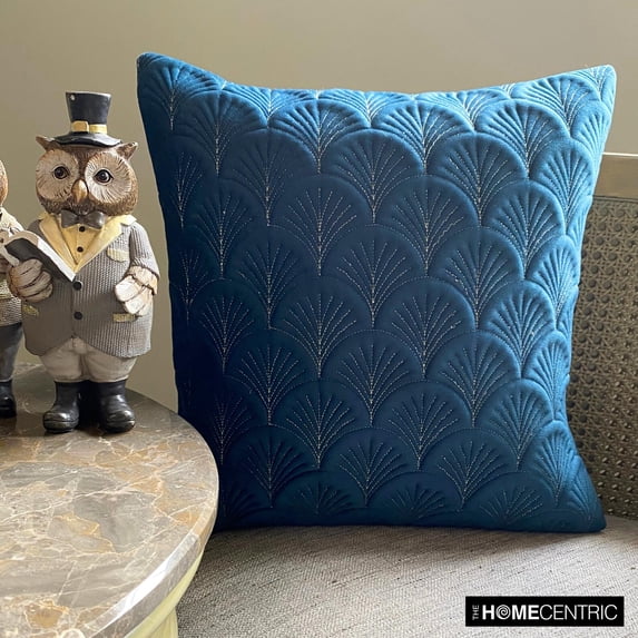 The HomeCentric Decorative Throw Pillow cover Teal Pack of 2, 16"x16" (40x40 cm) Velvet Geometric, Textured, Zari Embroidery Cushion Covers For Couches And Sofas, Geometric Modern - Enchanted Teal