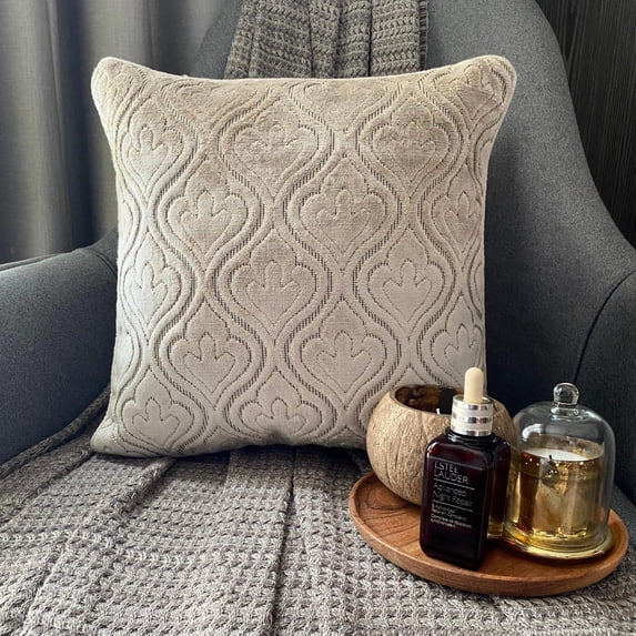 The HomeCentric Decorative Throw Pillow covers Beige 26"x26" (65x65 cm) Velvet Geoetric, Cut Velvet Pillowcases For Sofa Chouch, Hotels, living, Bed Room, Geometric - Velvet Majestic Pearl