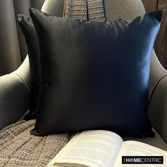The HomeCentric Decorative Throw Pillow covers Black Pack of 2, 14"x14" (35x35 cm) Satin Solid & Slub Satin Cushion cover For Sofa Chouch, Hotels, living, Bed Room Modern Style - Black Slub Satin