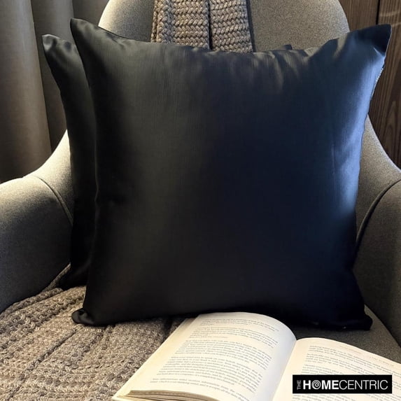 The HomeCentric Decorative Throw Pillow covers Black Pack of 2, 16"x16" (40x40 cm) Satin Solid & Slub Satin Cushion cover For Sofa Chouch, Hotels, living, Bed Room Modern Style - Black Slub Satin