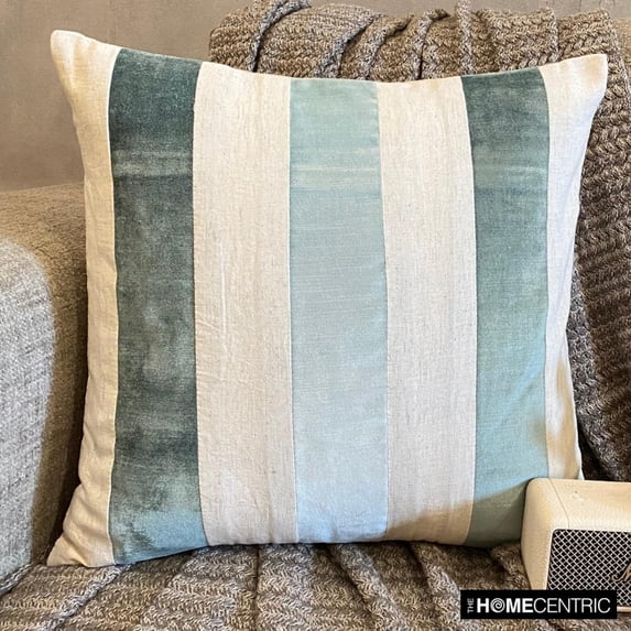 The HomeCentric Decorative Throw Pillow covers Blue 16"x16" (40x40 cm) Velvet Striped And Linen Cushion Covers For Sofa, Patchwork Modern Style - Velvet Band Ice