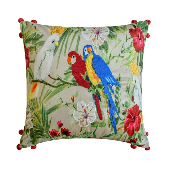 The HomeCentric Decorative Throw Pillow covers Green 24"x24" (60x60 cm) Cotton Embroidery, Printed Cushion Covers For Sofa, Floral Modern Style - Cockatoo Carnival