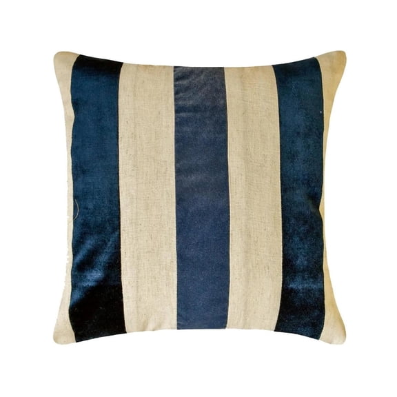 The HomeCentric Decorative Throw Pillow covers Navy 16"x16" (40x40 cm) Velvet & Linen Patchwork, Striped Cushion Covers For Sofa, Striped Modern Style - Velvet Band Navy